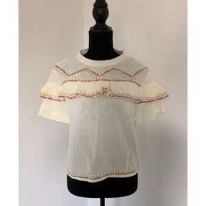 Raga Ivory Cotton Embroidered Ruffle Boho Blouse Tassel Tie Back Size M